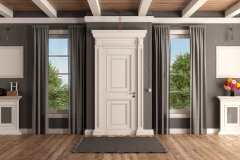 White And Gray Home Entrance Of A Classic Villa With Closed Front Door And Two Windows - 3d Renderin