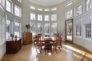 Windows in a dining room.