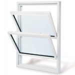 White double-hung window with glass panes and a white frame