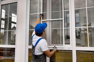 Worker installing vinyl replacement windows on a home